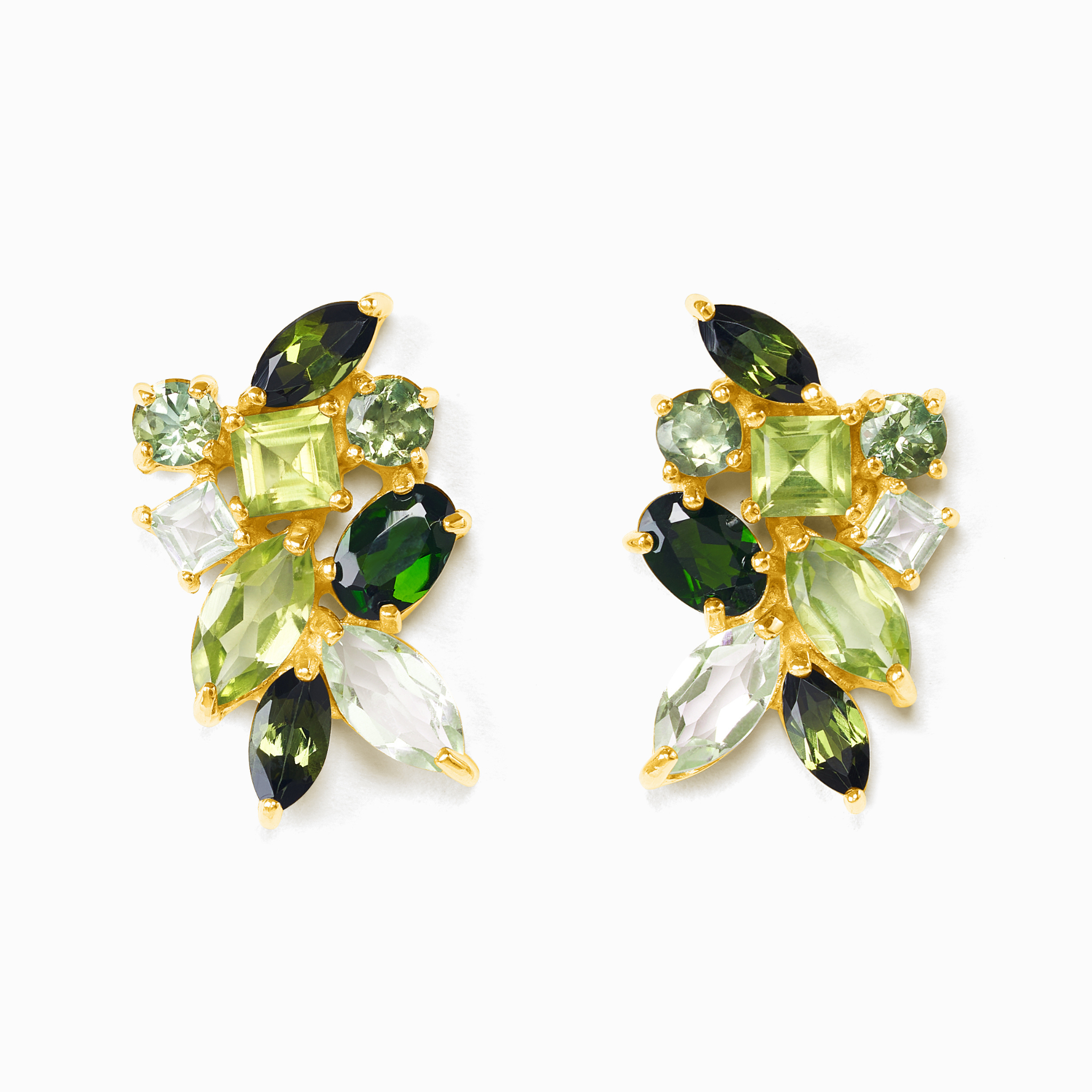 Grandes boucles d'oreilles en grappe de pierres précieuses vertes en vermeil d'or 18 carats