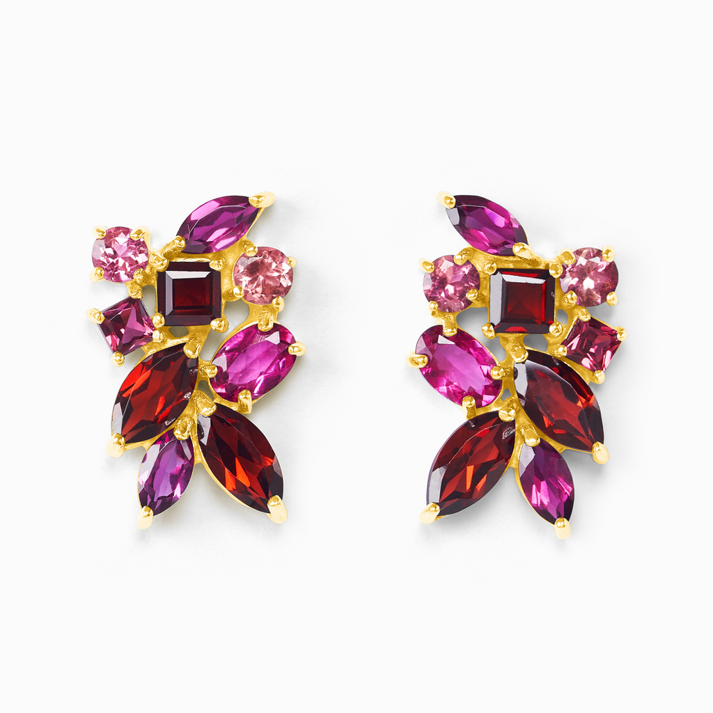 Boucles d'oreilles grappe en vermeil 18 carats avec grandes pierres rouges