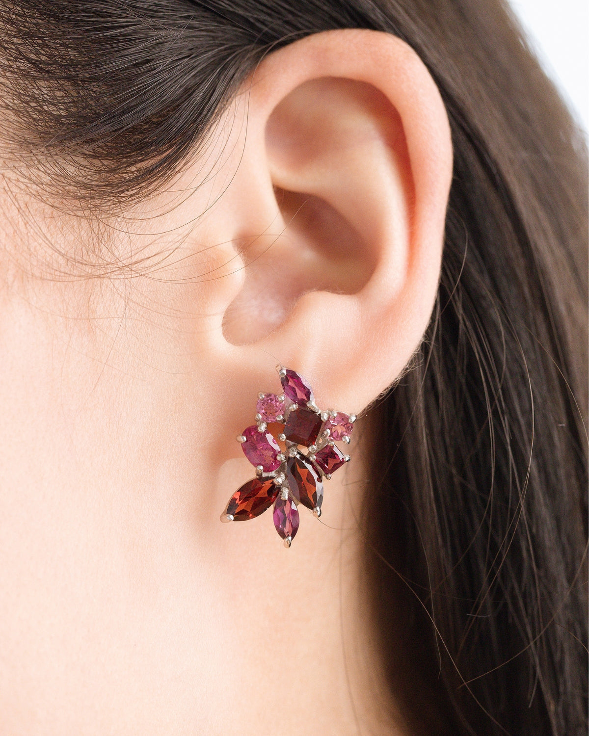 Large Red Gemstone Cluster Earrings in Sterling Silver - SJR London Timepiece