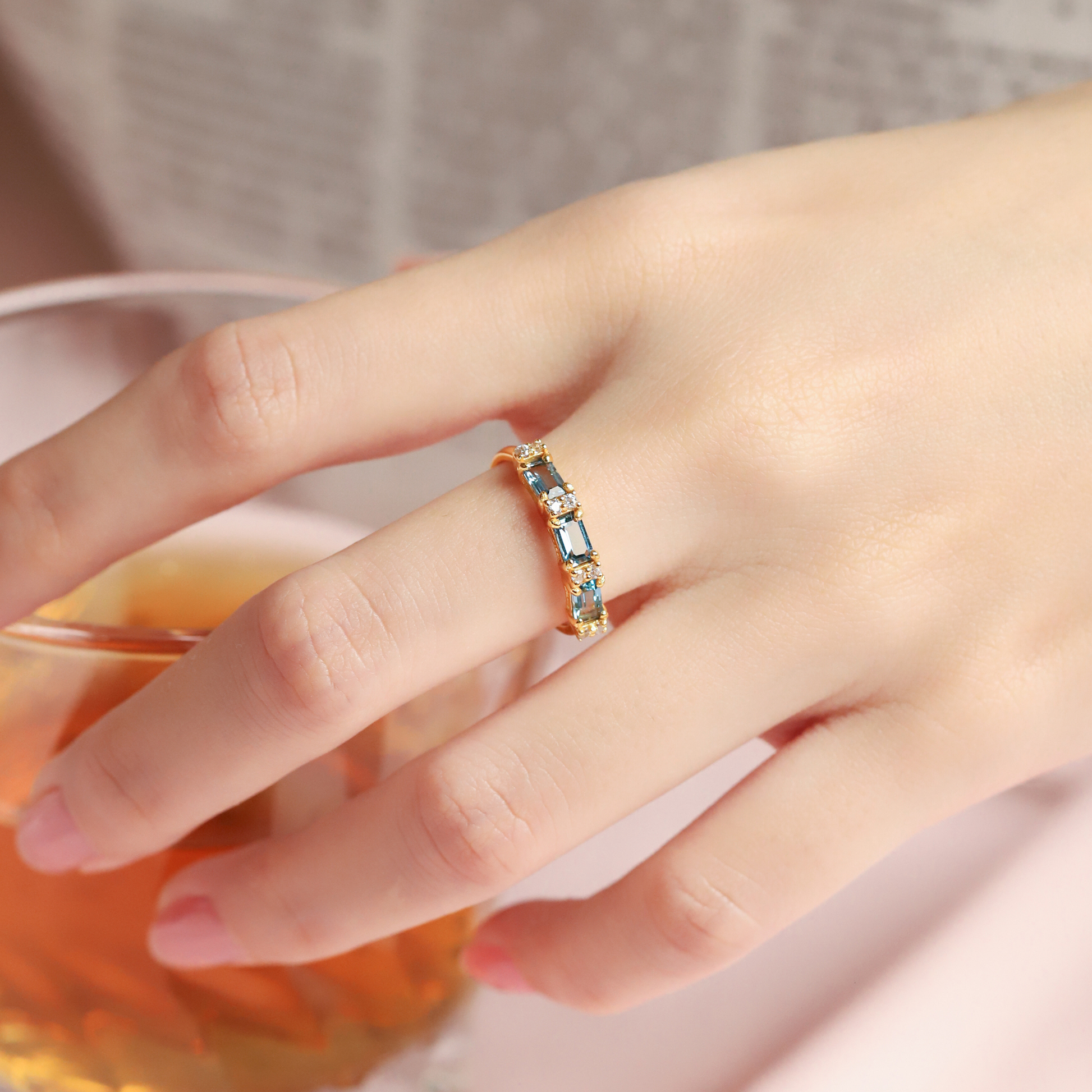 London Blue Topaz Emerald Cut Eternity Ring in 18k Gold Vermeil - SJR London Timepiece