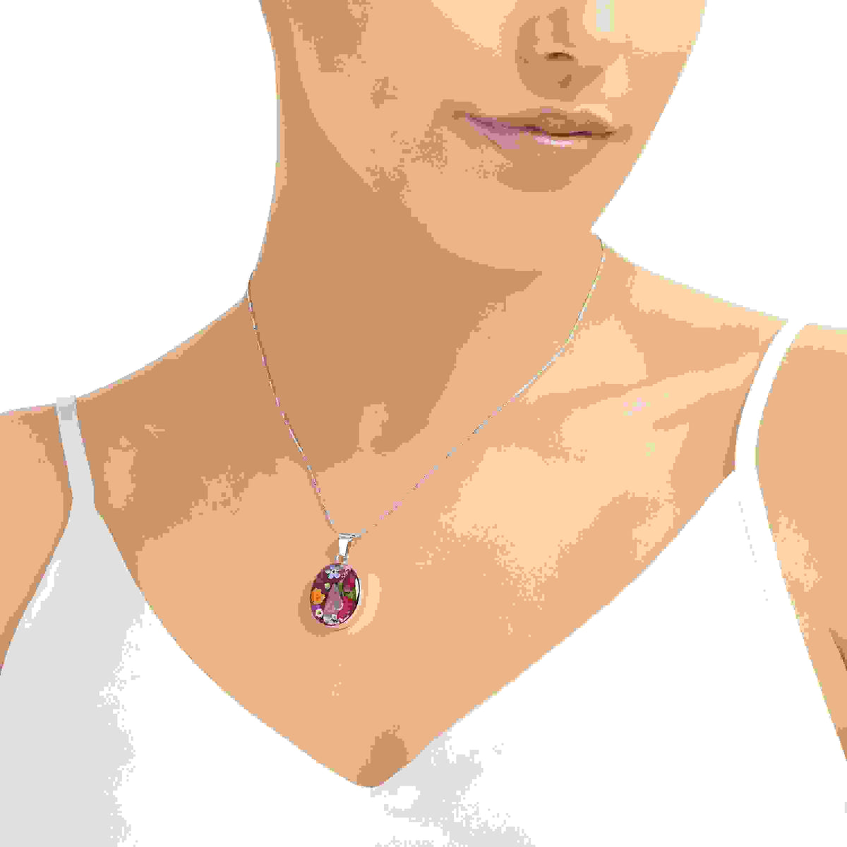 Mixed Flower Oval Pendant Necklace