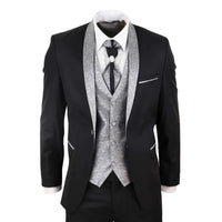 Sal-Yaica - Men's 4 Piece Wedding Suit Groom Shawl Collar Black Silver Cravat