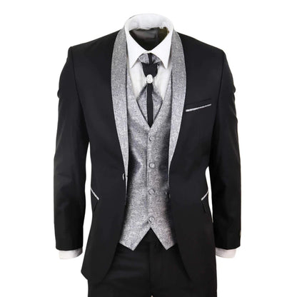 Sal-Yaica - Men's 4 Piece Wedding Suit Groom Shawl Collar Black Silver Cravat