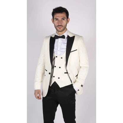 STZ61 - Men's Ivory Black Paisley Tuxedo Blazer And Waistcoat Dinner Jacket Satin