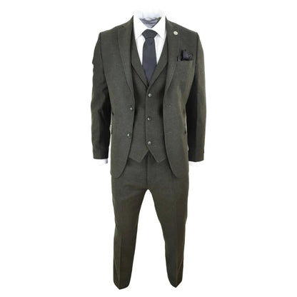 STZ11 - Men's Wool 3 Piece Suit Tweed Olive Green Black Classic