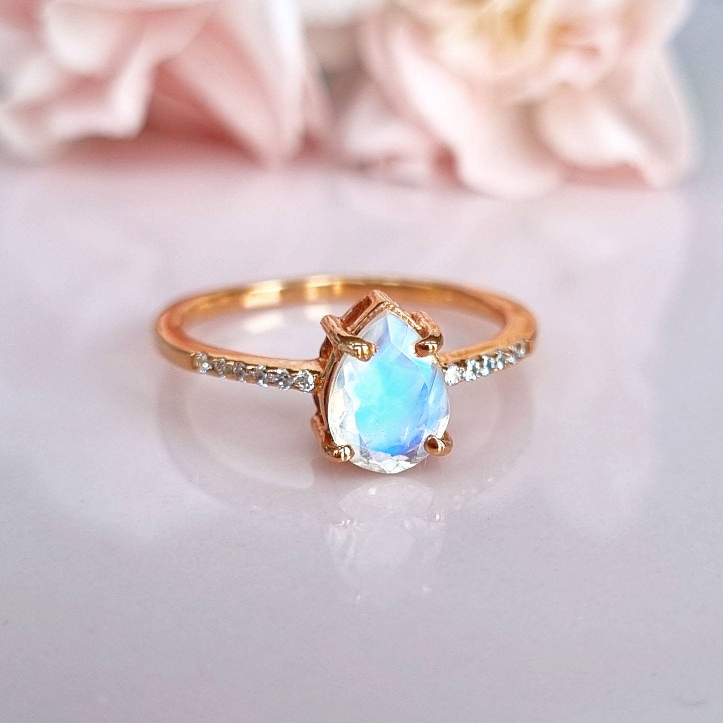 Rainbow Moonstone Ring in Rose Gold Vermeil - SJR London Timepiece