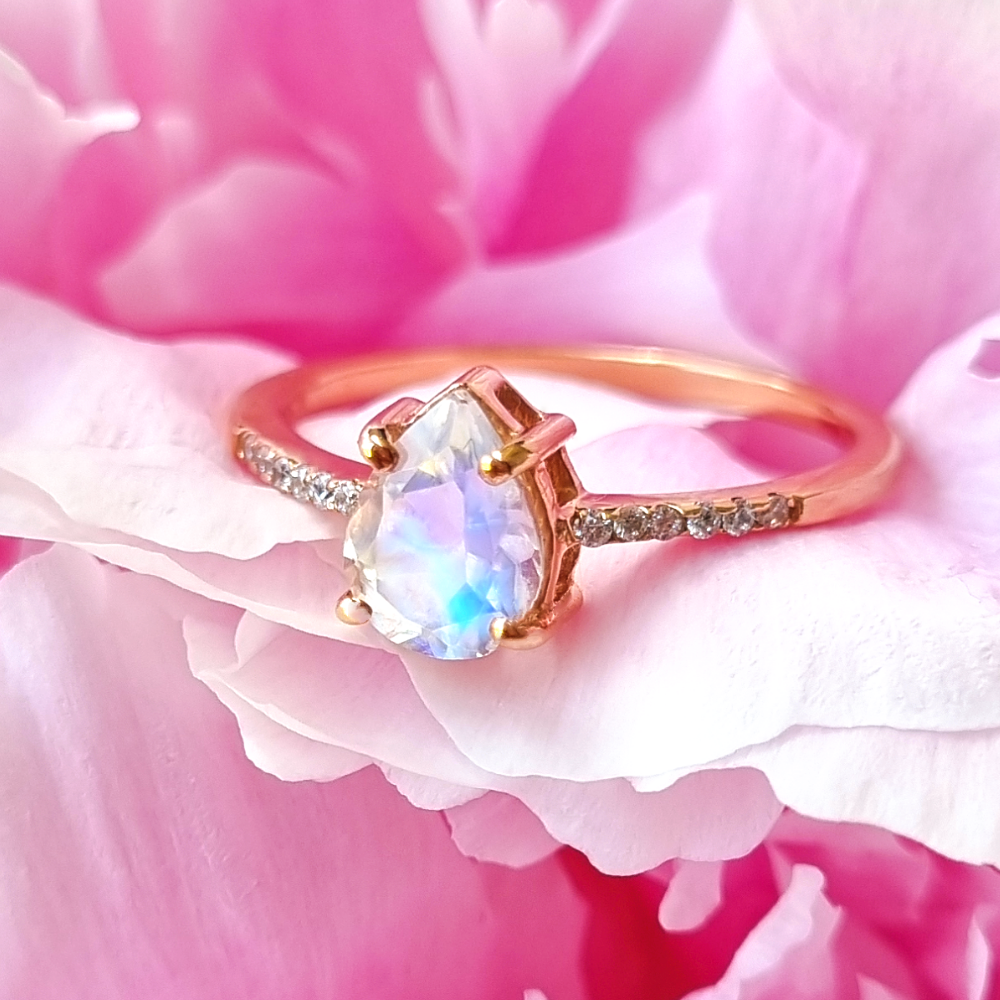 Rainbow Moonstone Ring in Rose Gold Vermeil - SJR London Timepiece