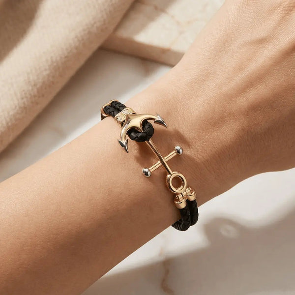 14ct/14K Gold Detail Bracelet – Nautical Anchor with Double Braided