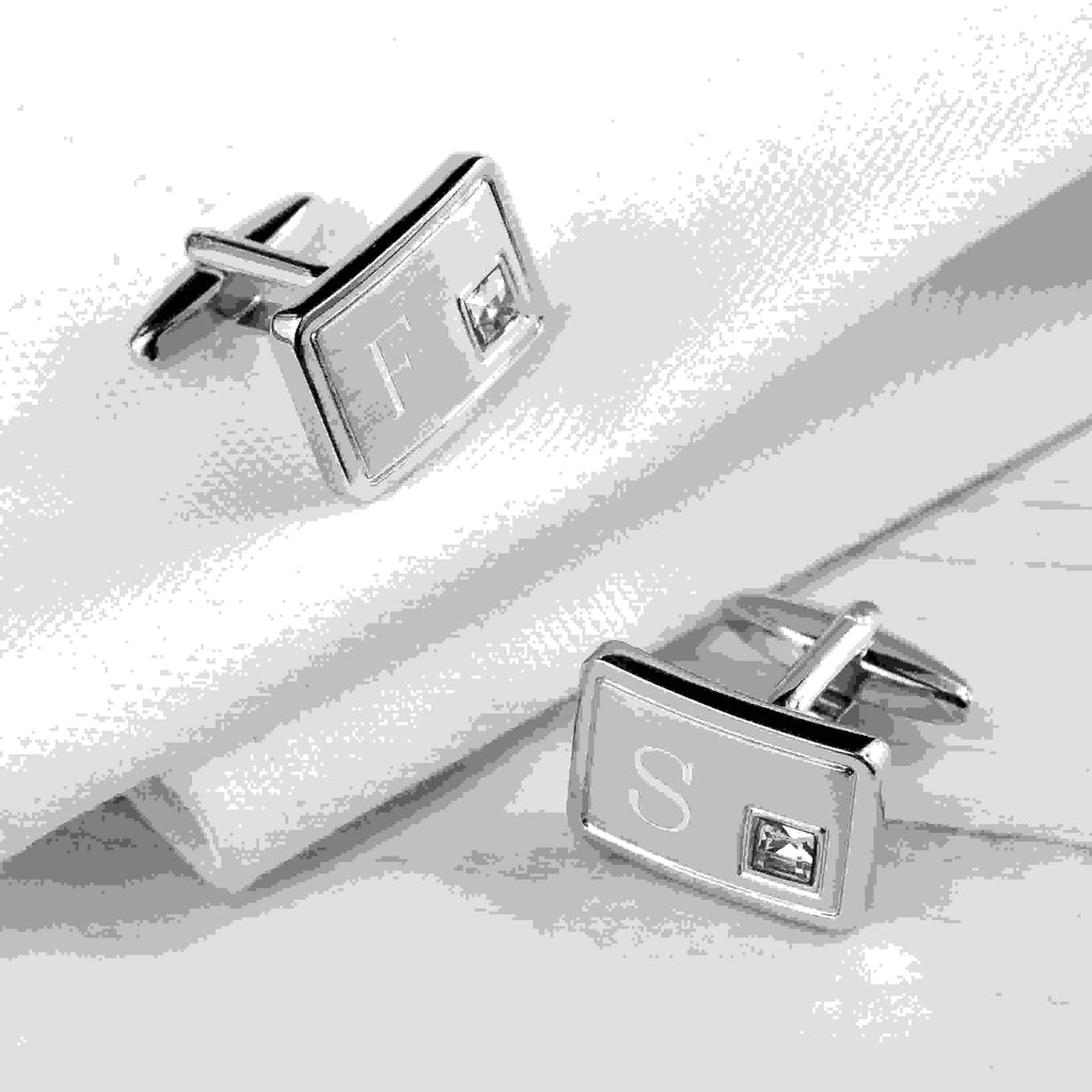 Personalised Rhodium Plated Birthstone Crystal Cufflink Set