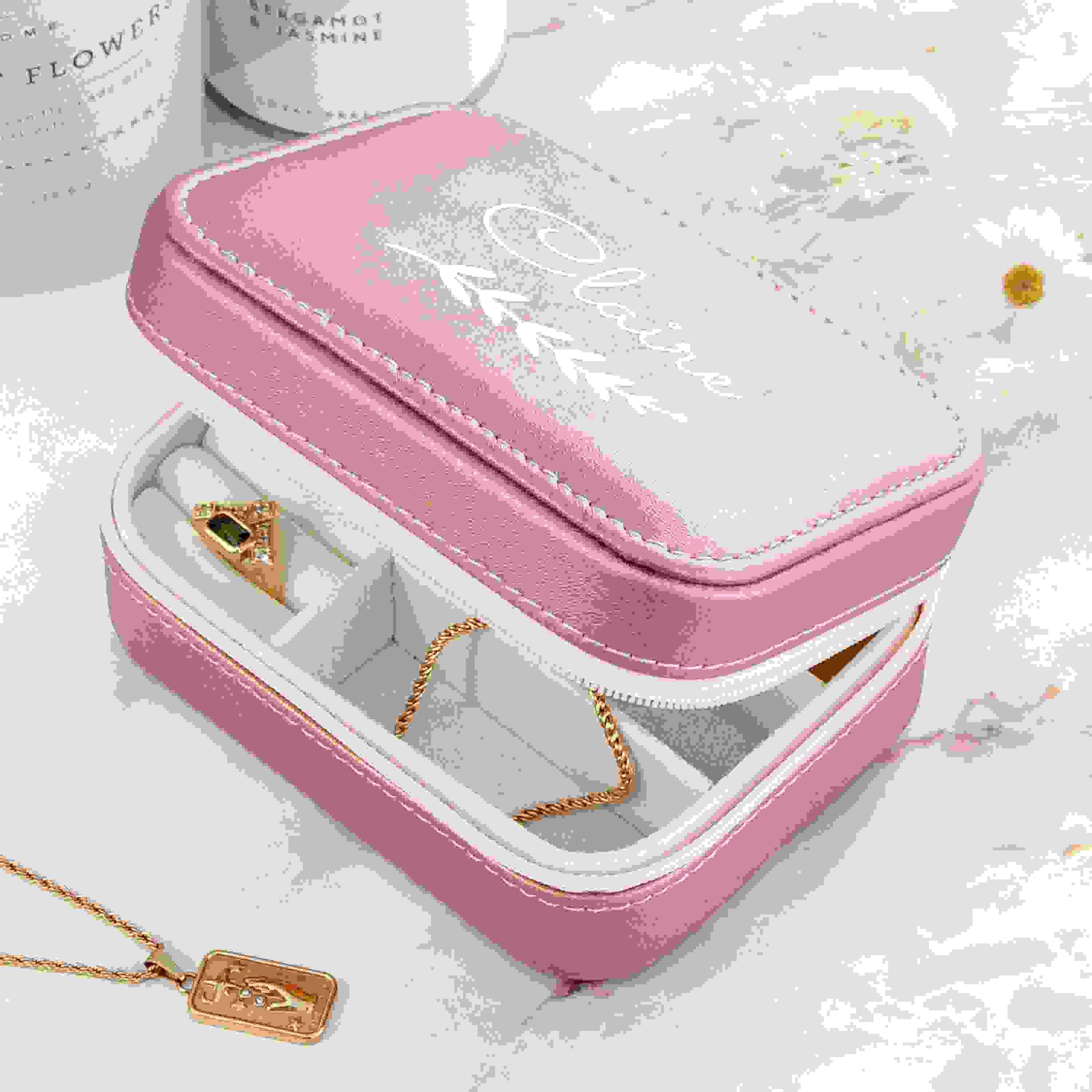 Personalised Wreath Pink Travel Jewellery Case