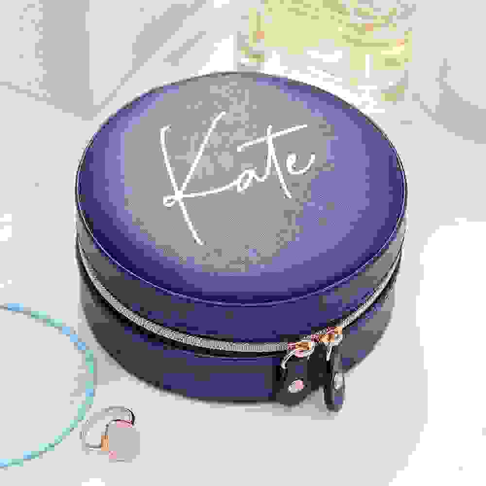 Personalised Navy Blue Round Travel Jewellery Case