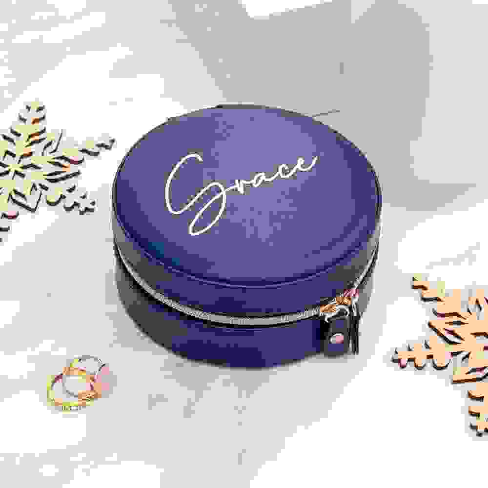 Personalised Navy Blue Round Travel Jewellery Case
