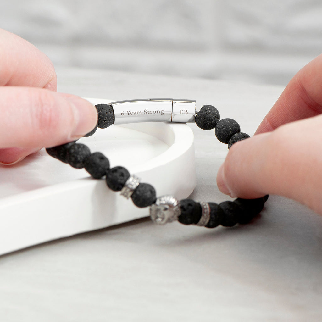 Personalised Men's Silver Lion Lava Stone Beaded Bracelet
