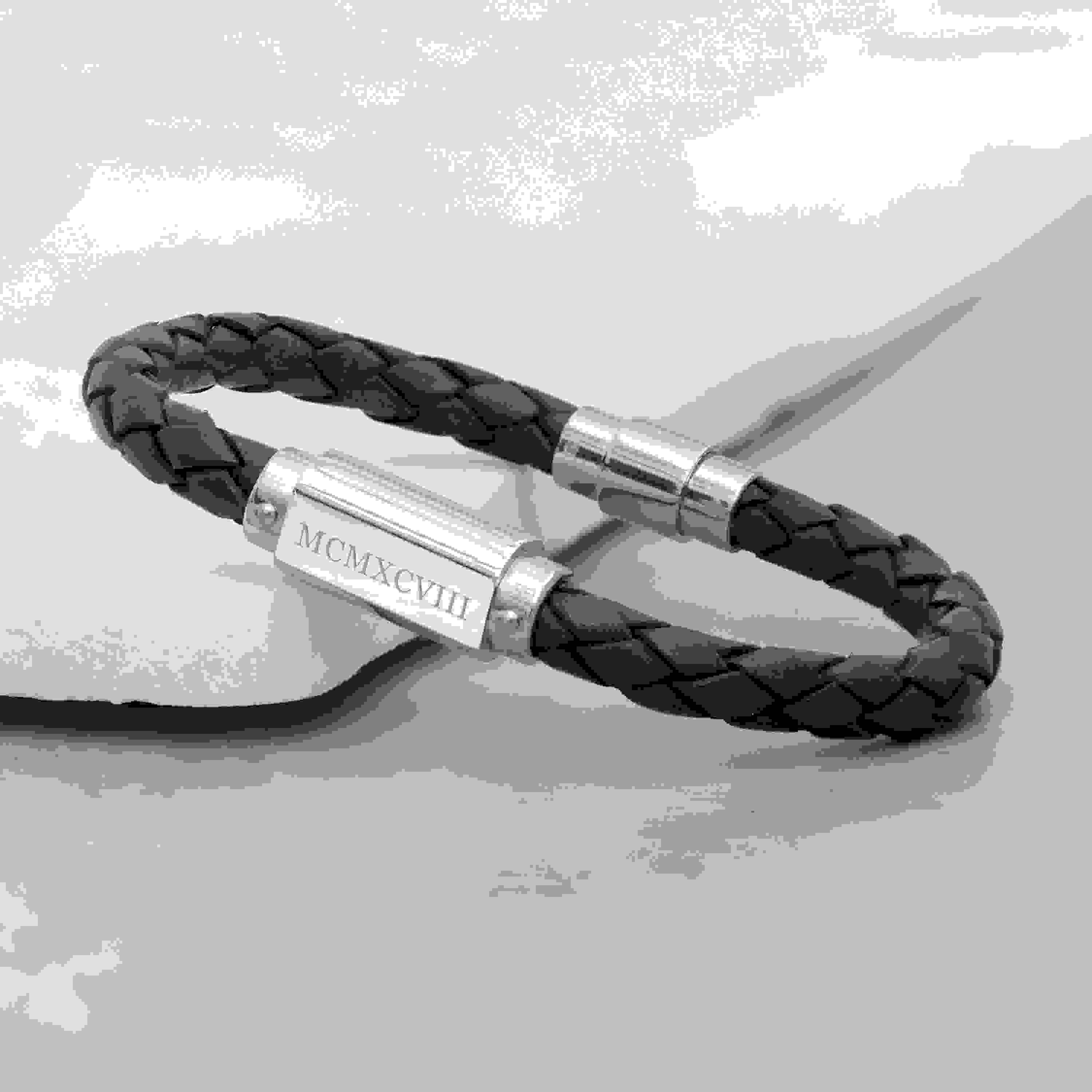Personalised Men's Roman Numerals Luxury Black Leather Bracelet