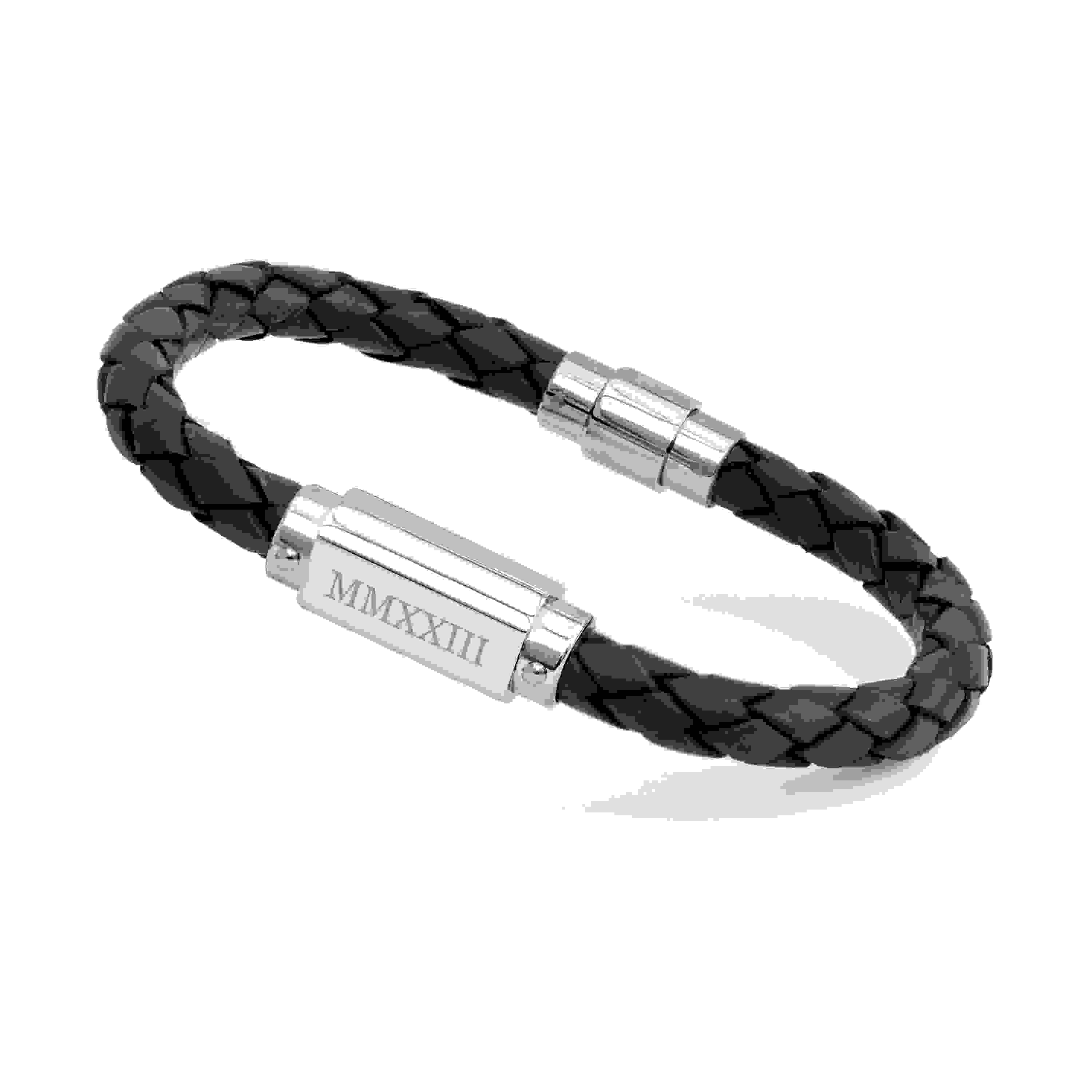 Personalised Men's Roman Numerals Luxury Black Leather Bracelet