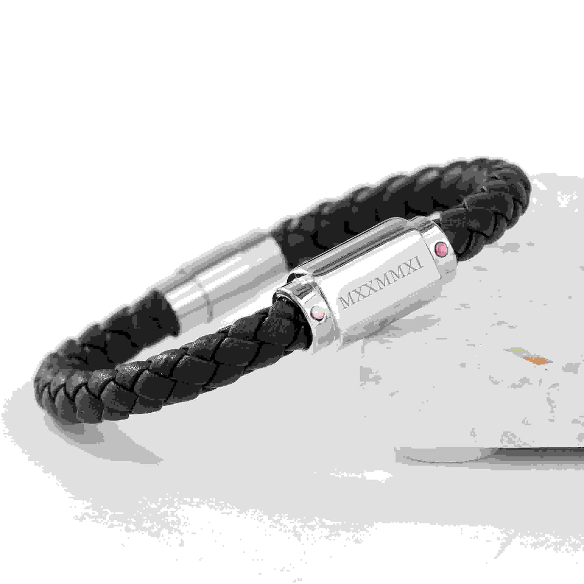 Personalised Men's Roman Numerals Luxury Black Leather Bracelet