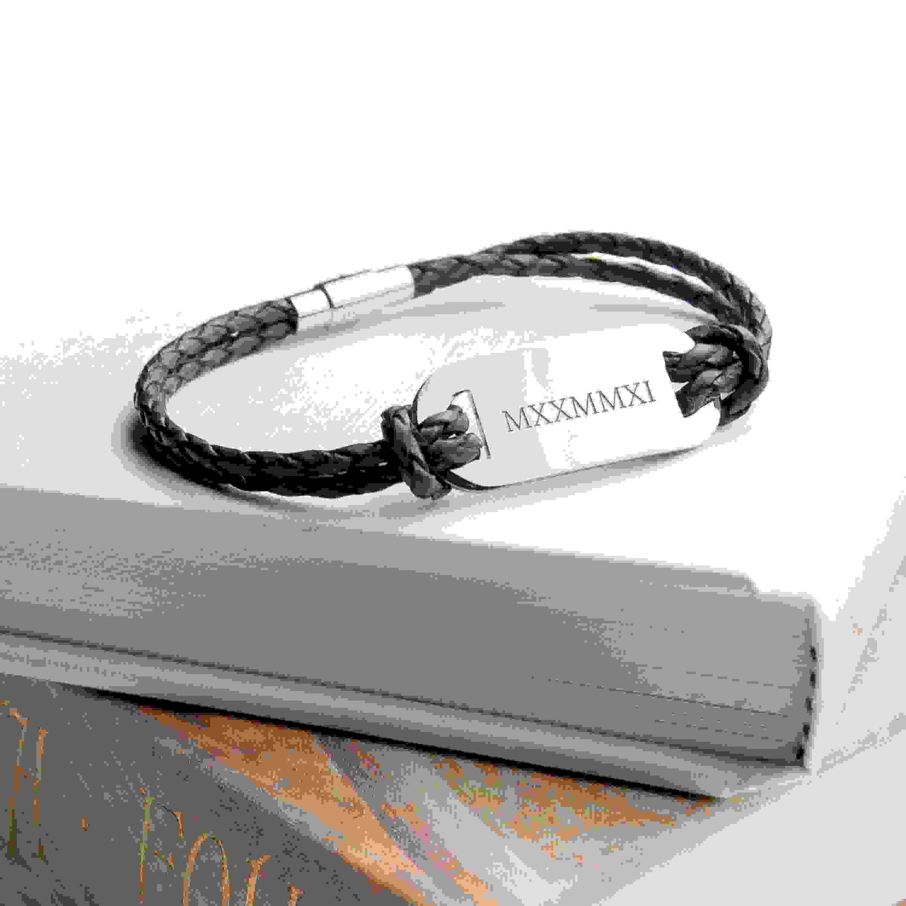 Personalised Men's Roman Numerals Statement Leather Bracelet