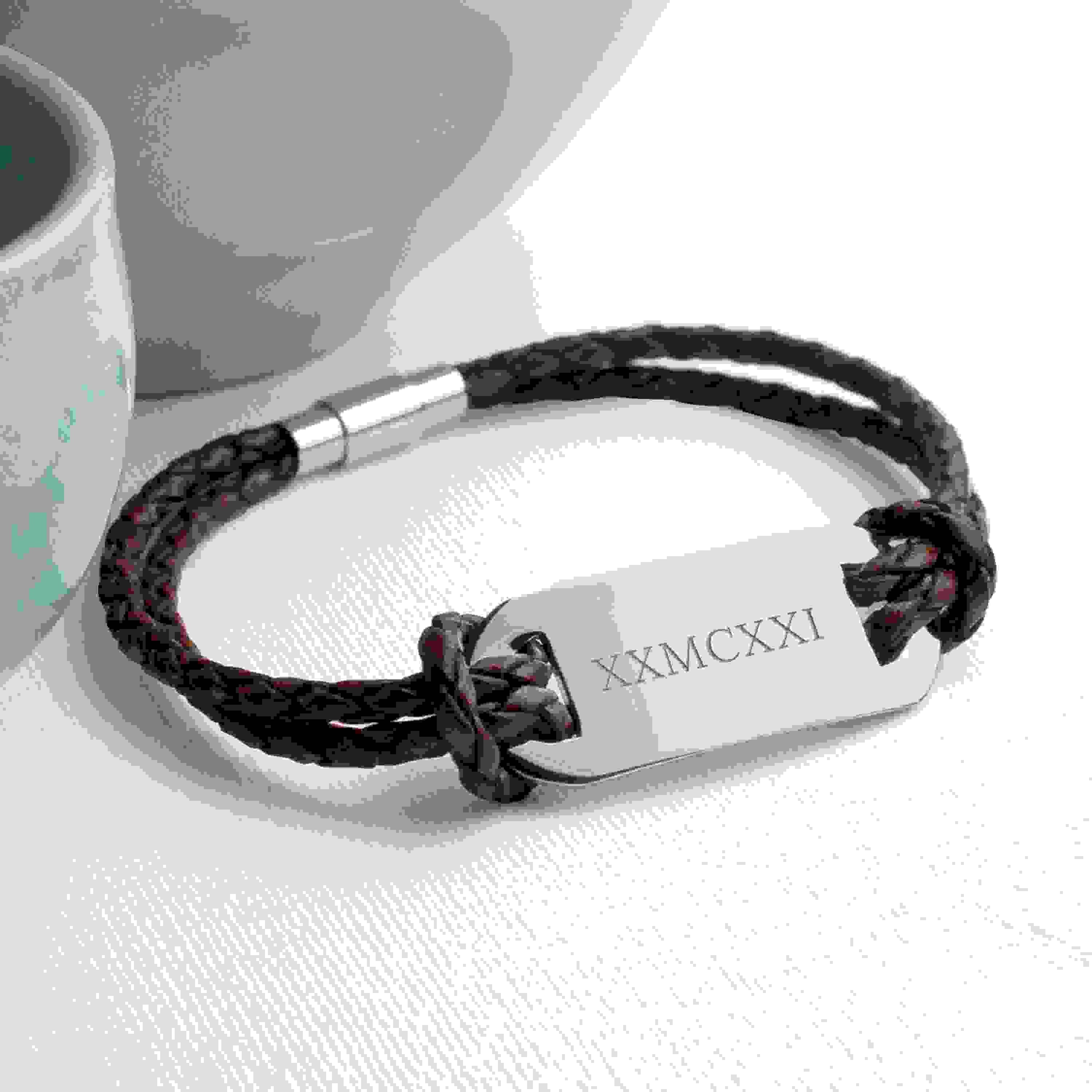 Personalised Men's Roman Numerals Statement Leather Bracelet