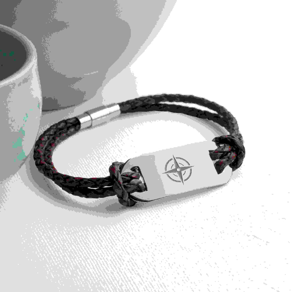 Personalised Men's Travel Compass Statement Leather Bracelet