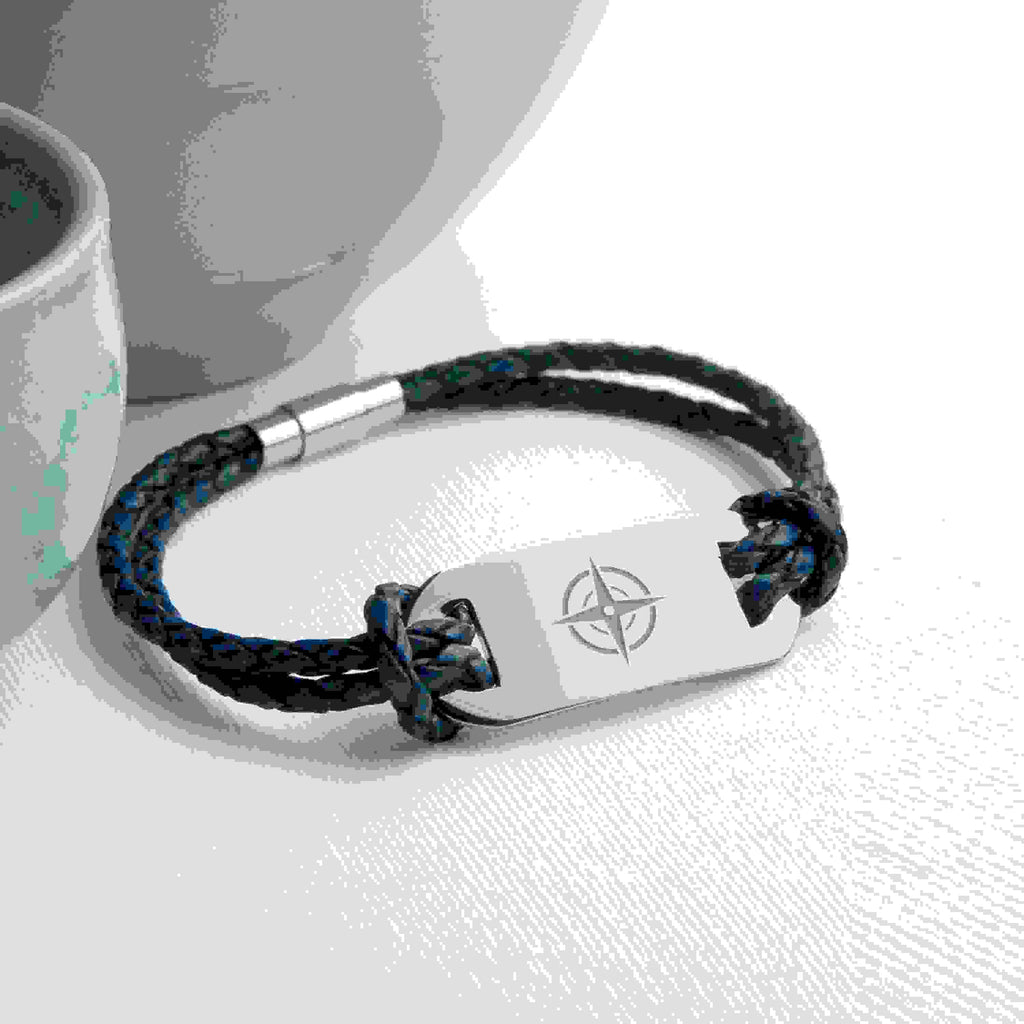 Personalised Men's Travel Compass Statement Leather Bracelet
