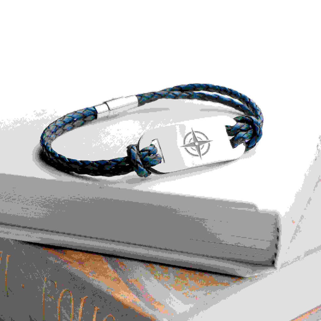 Personalised Men's Travel Compass Statement Leather Bracelet