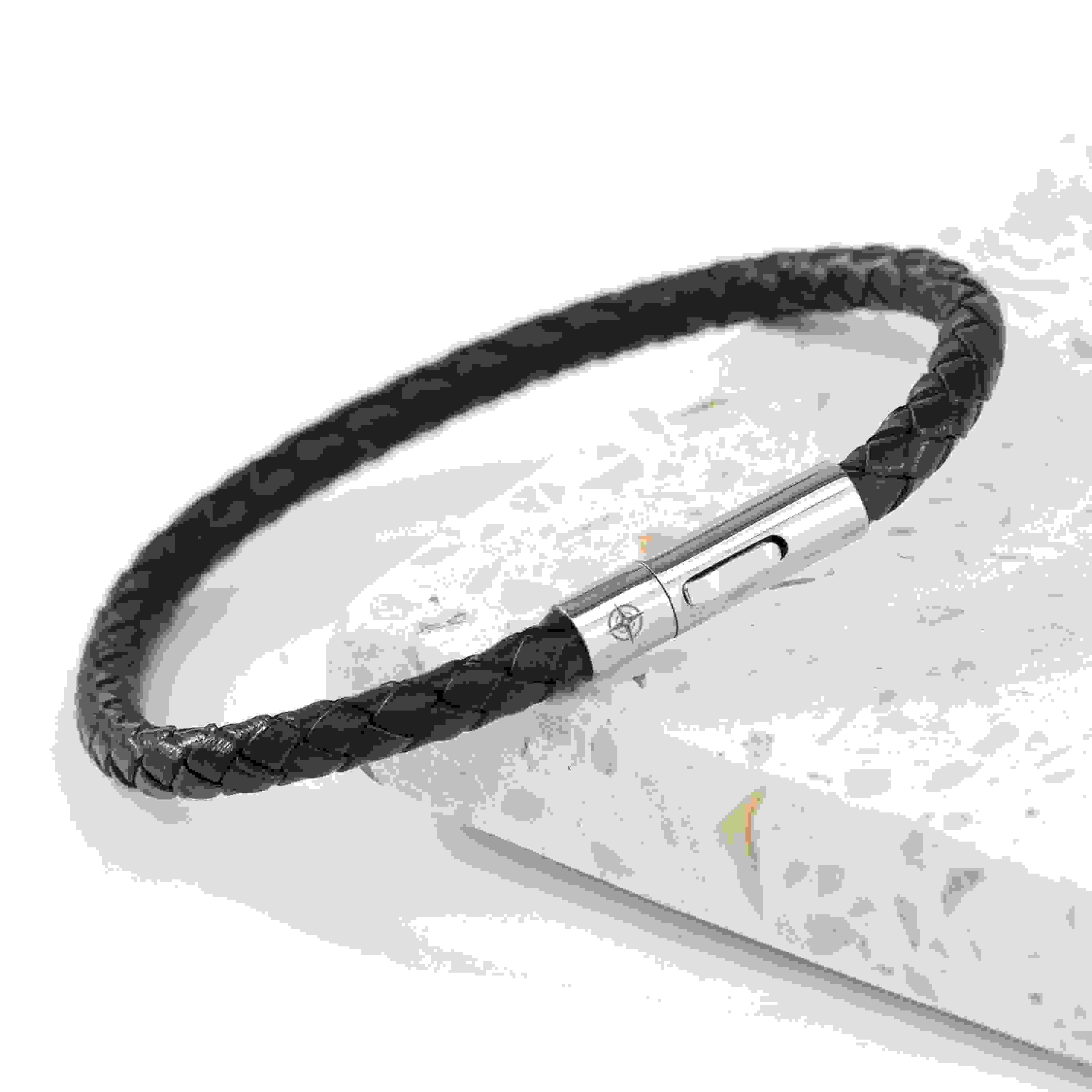 Personalised Men's Travel Compass Capsule Leather Bracelet