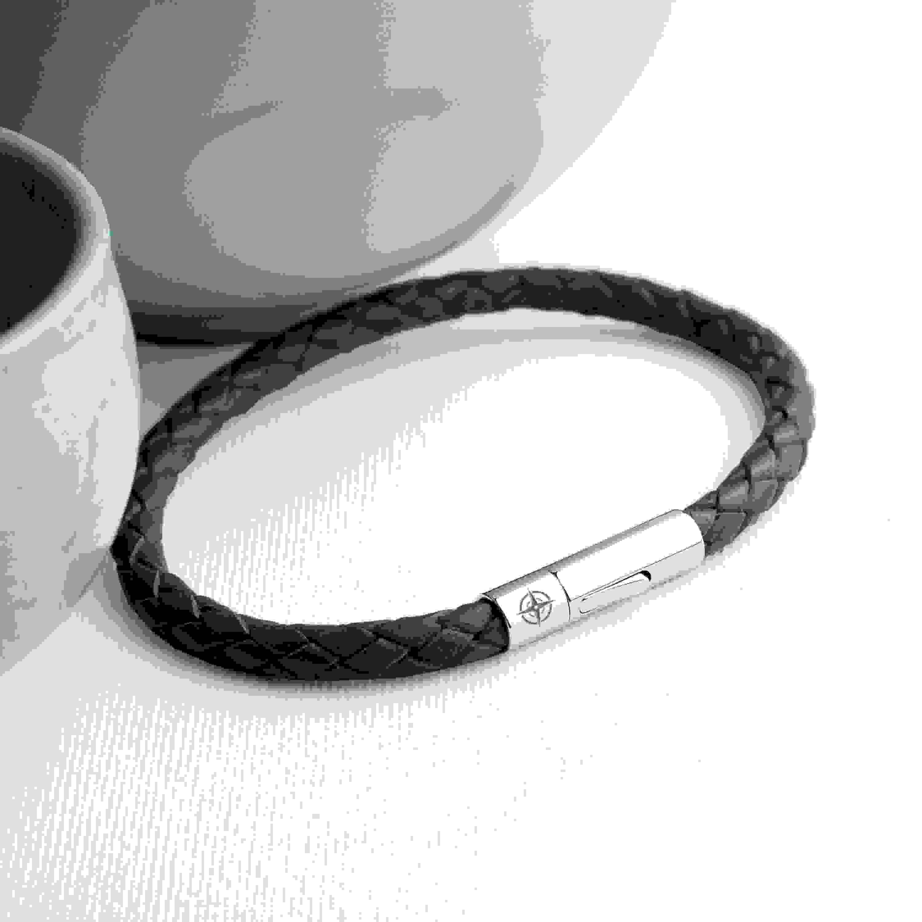 Personalised Men's Travel Compass Capsule Leather Bracelet