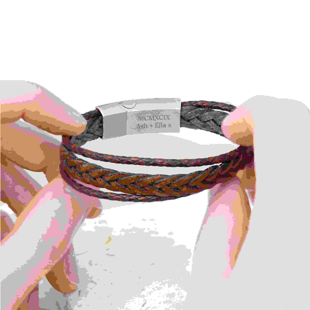 Personalised Men's Woven Layered Brown Leather Bracelet