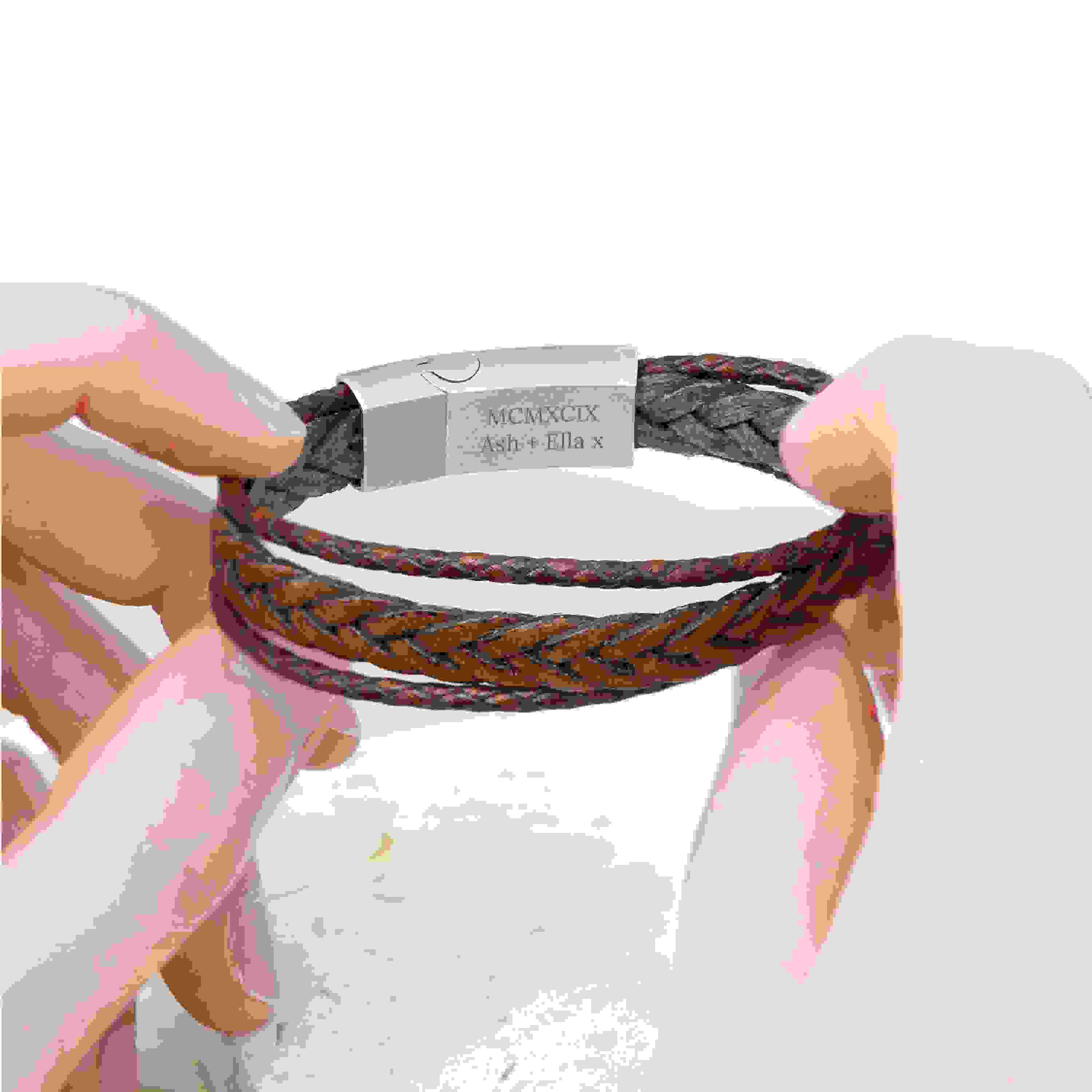 Personalised Men's Woven Layered Brown Leather Bracelet