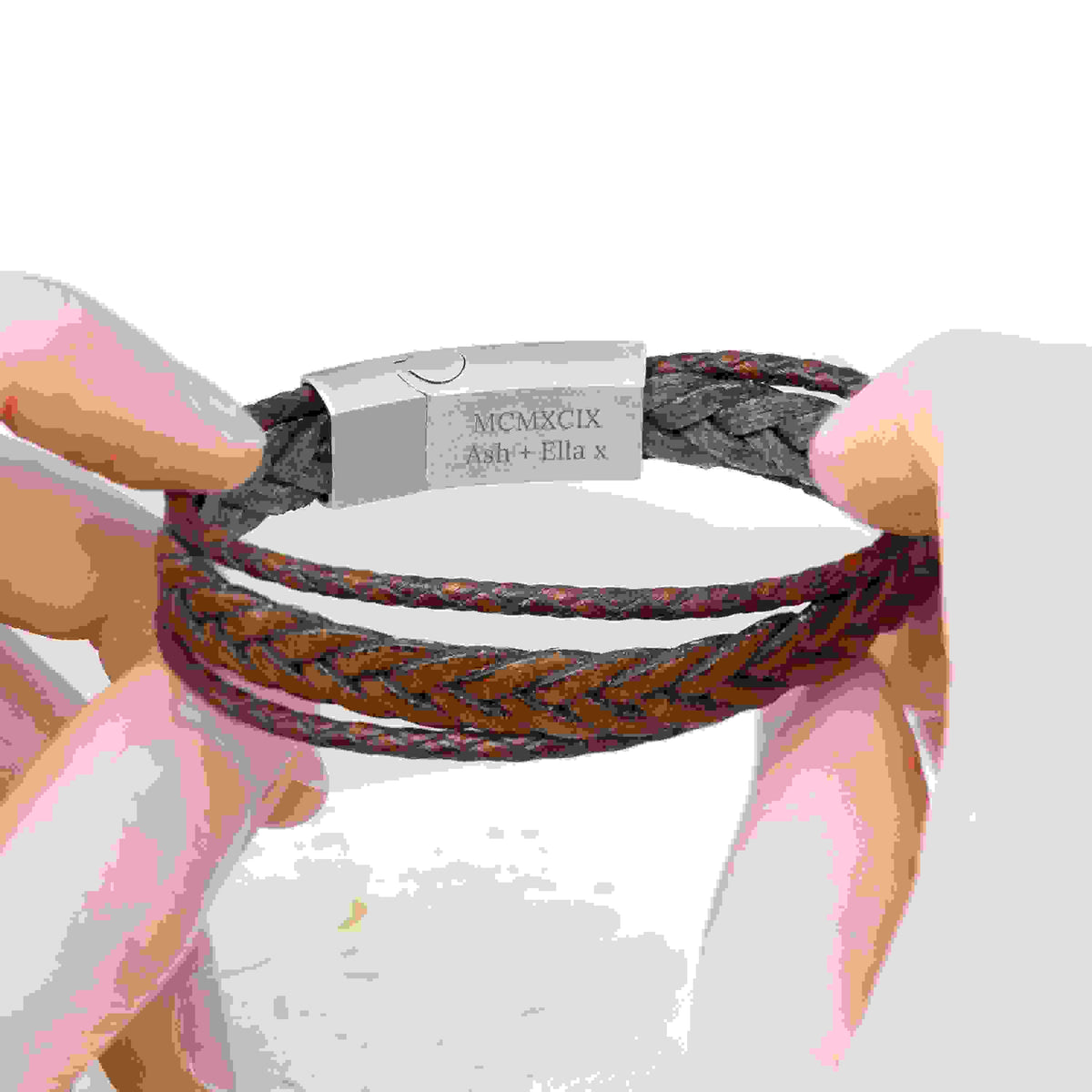 Personalised Men's Woven Layered Brown Leather Bracelet