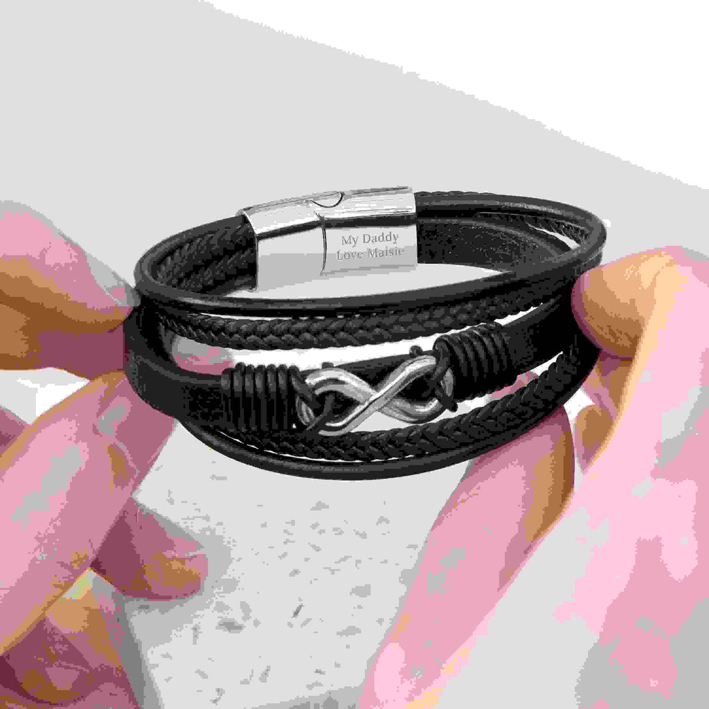 Personalised Men's Silver Infinity Black Leather Stacked Bracelet