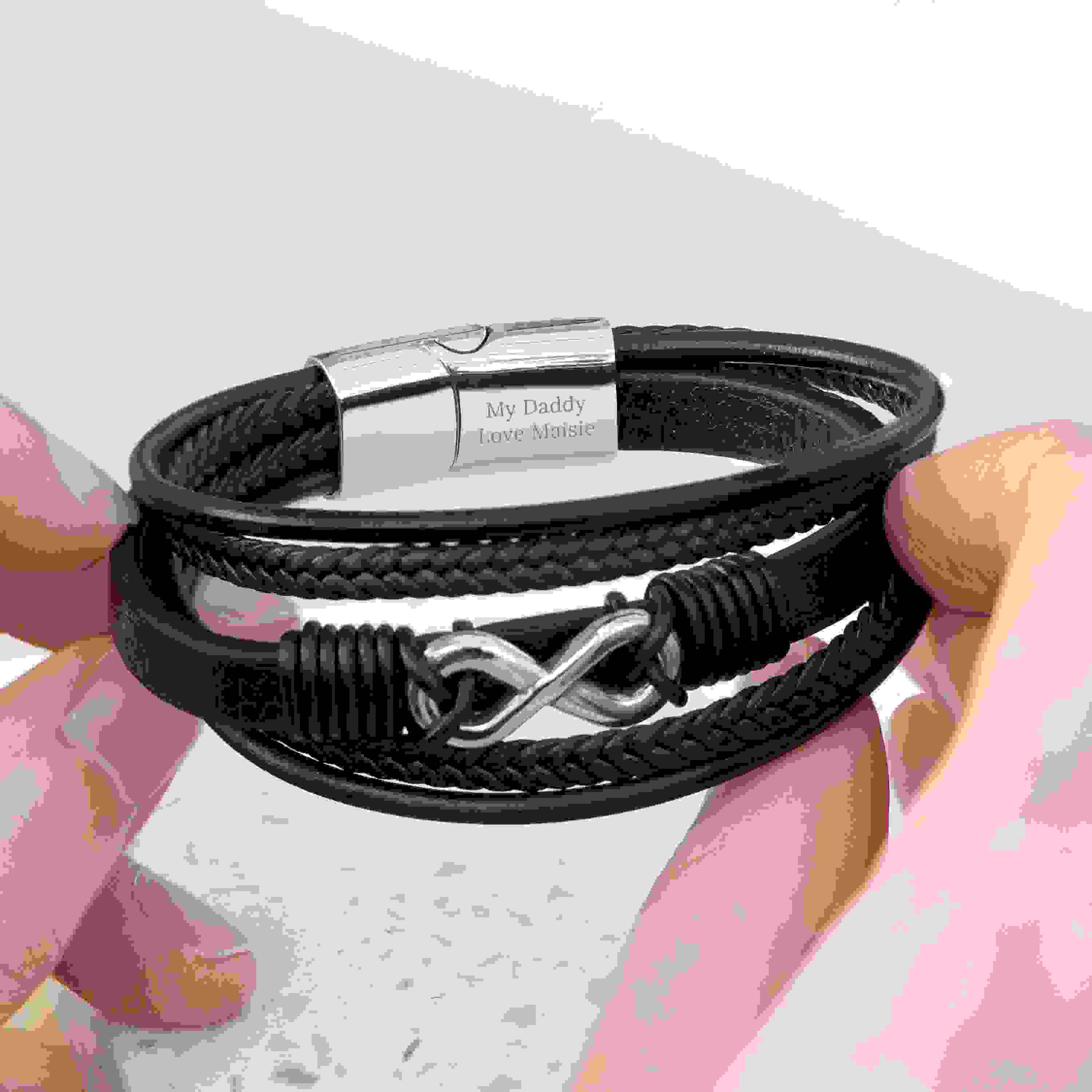 Personalised Men's Silver Infinity Black Leather Stacked Bracelet