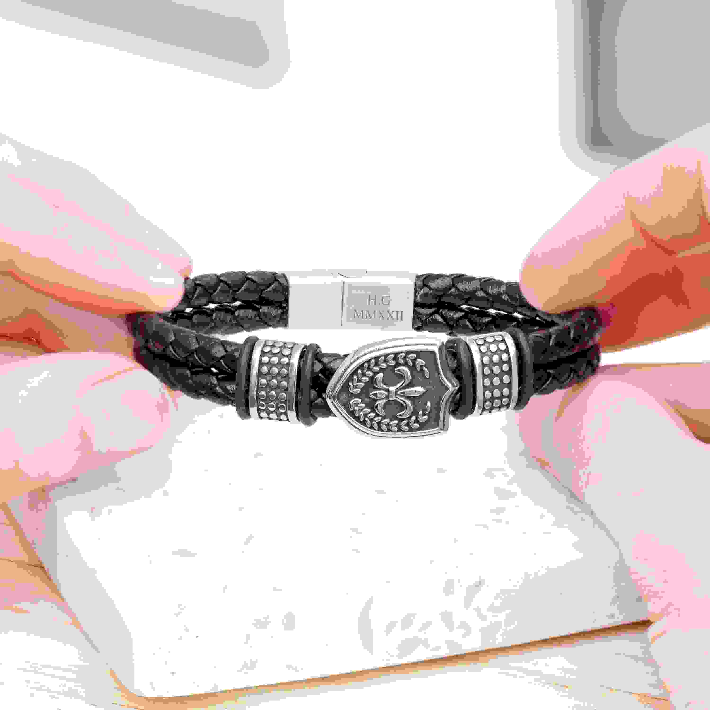 Personalised Men's Warrior Shield Leather Bracelet