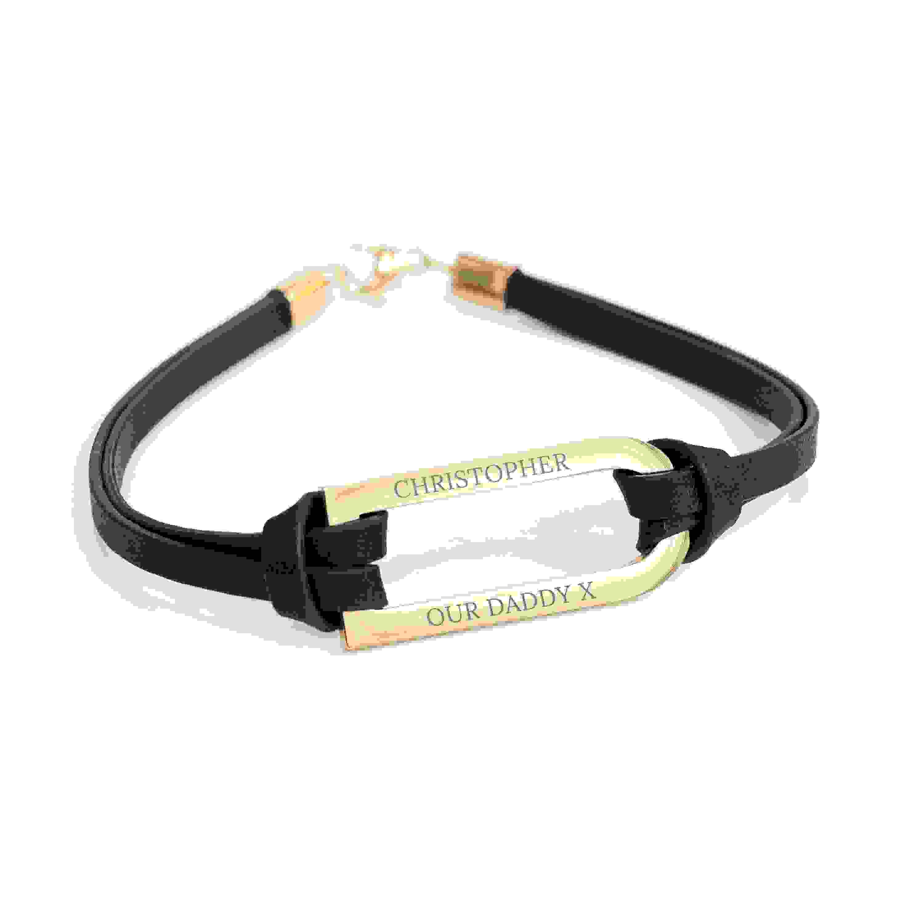 Personalised Men's Shoreditch Gold Bar Black Leather Bracelet