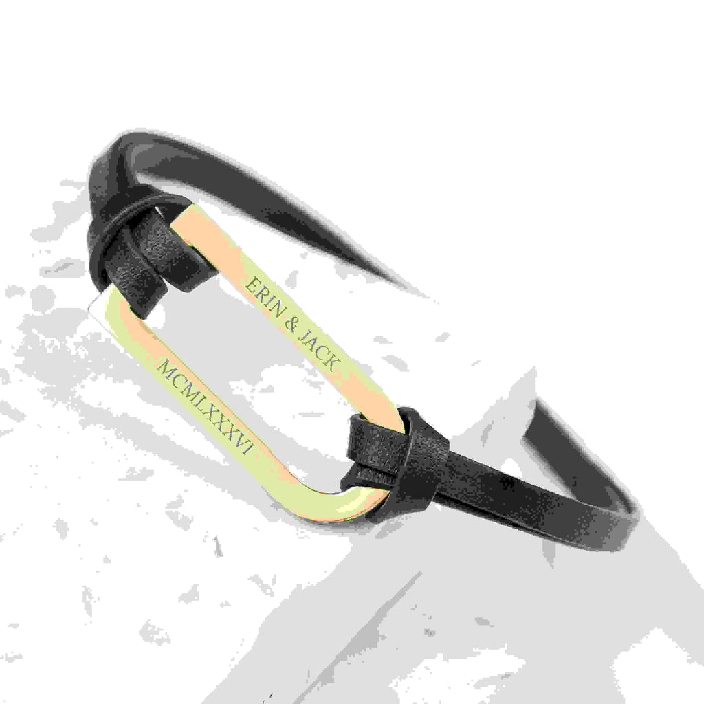 Personalised Men's Shoreditch Gold Bar Black Leather Bracelet