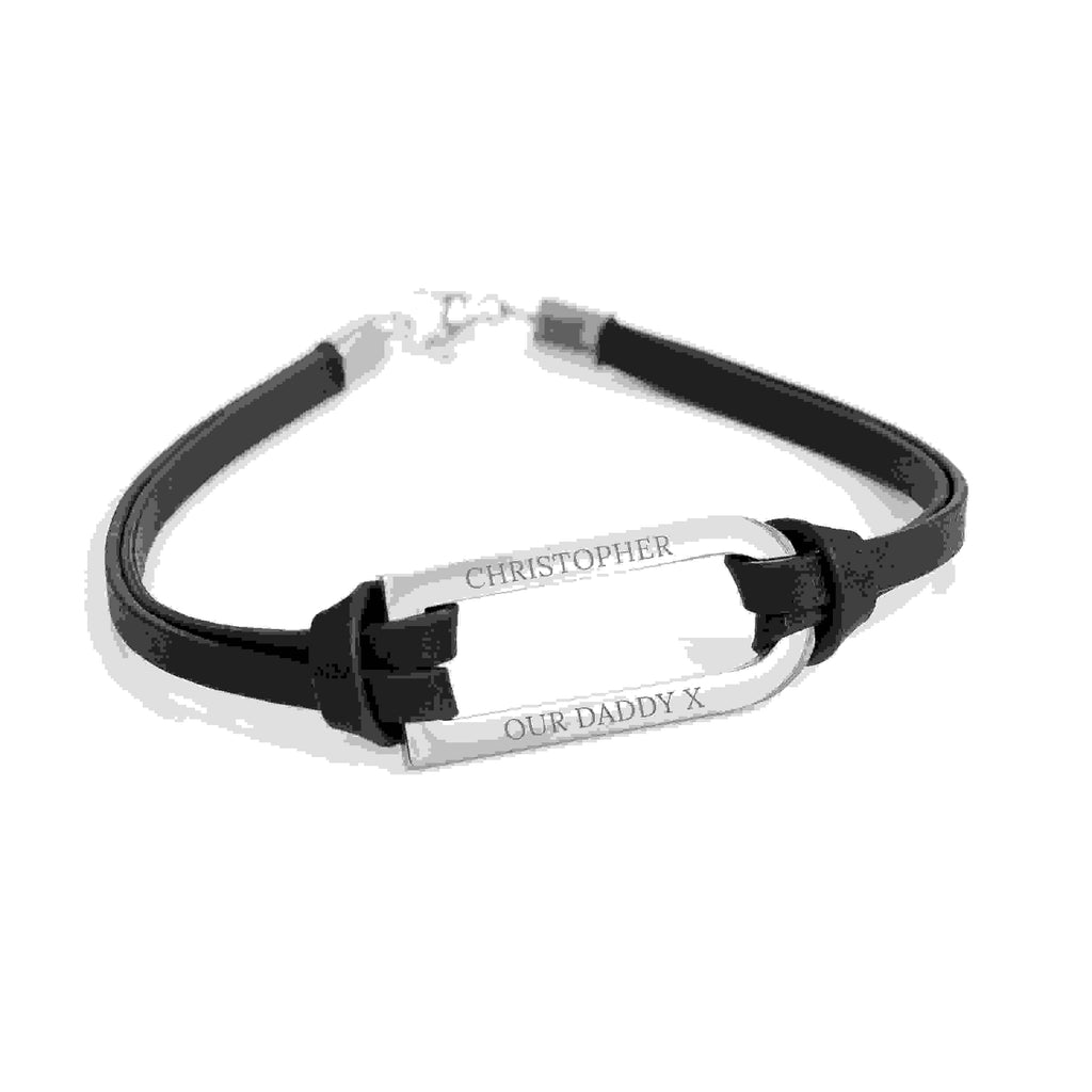 Personalised Men's Shoreditch Silver Bar Black Leather Bracelet