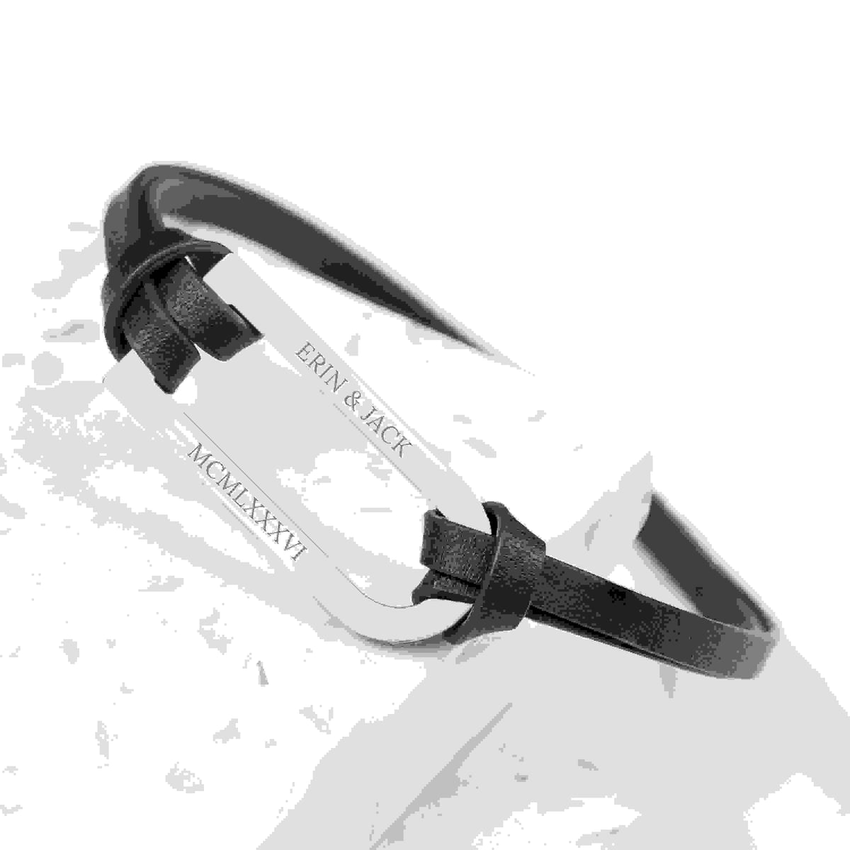 Personalised Men's Shoreditch Silver Bar Black Leather Bracelet