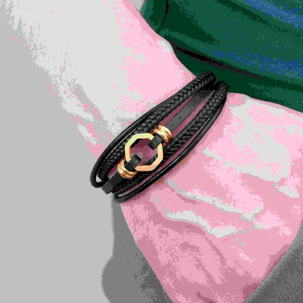 Personalised Men's Mayfair Leather Bracelet in Gold