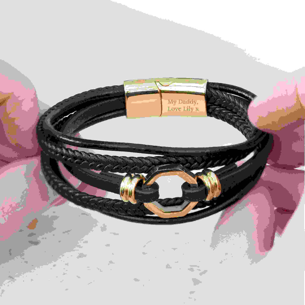 Personalised Men's Mayfair Leather Bracelet in Gold