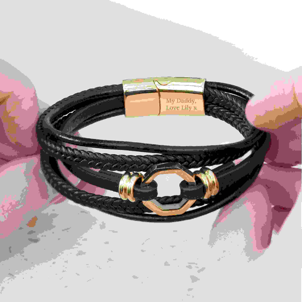 Personalised Men's Mayfair Leather Bracelet in Gold