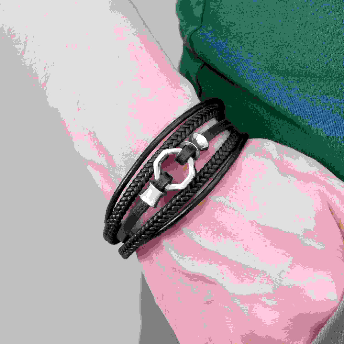 Personalised Men's Mayfair Leather Bracelet in Silver