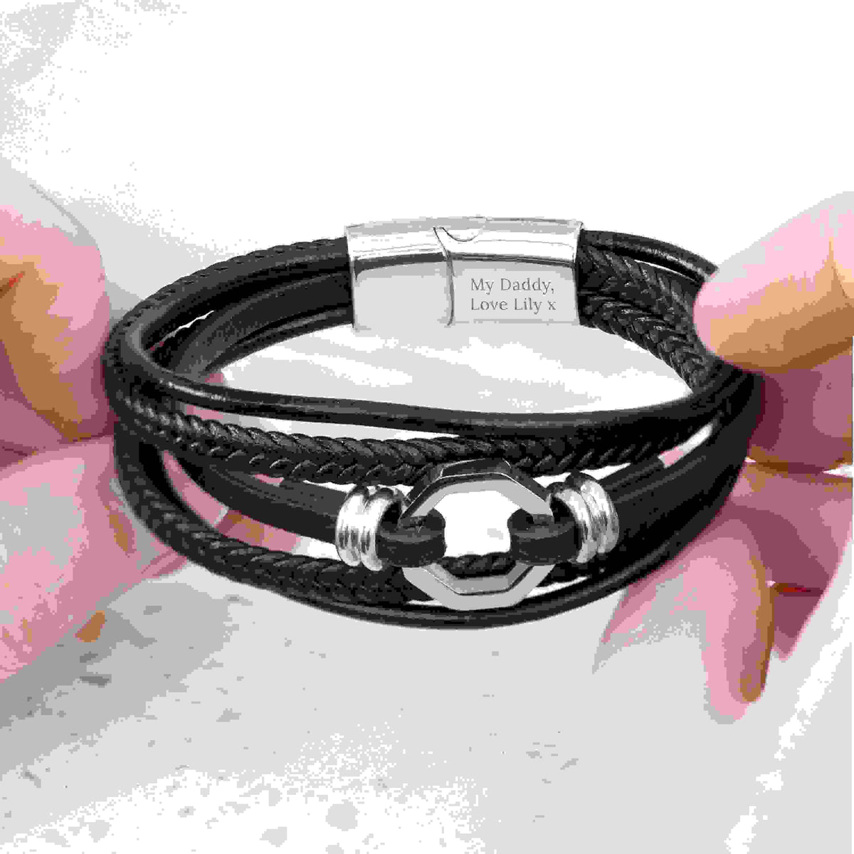 Personalised Men's Mayfair Leather Bracelet in Silver