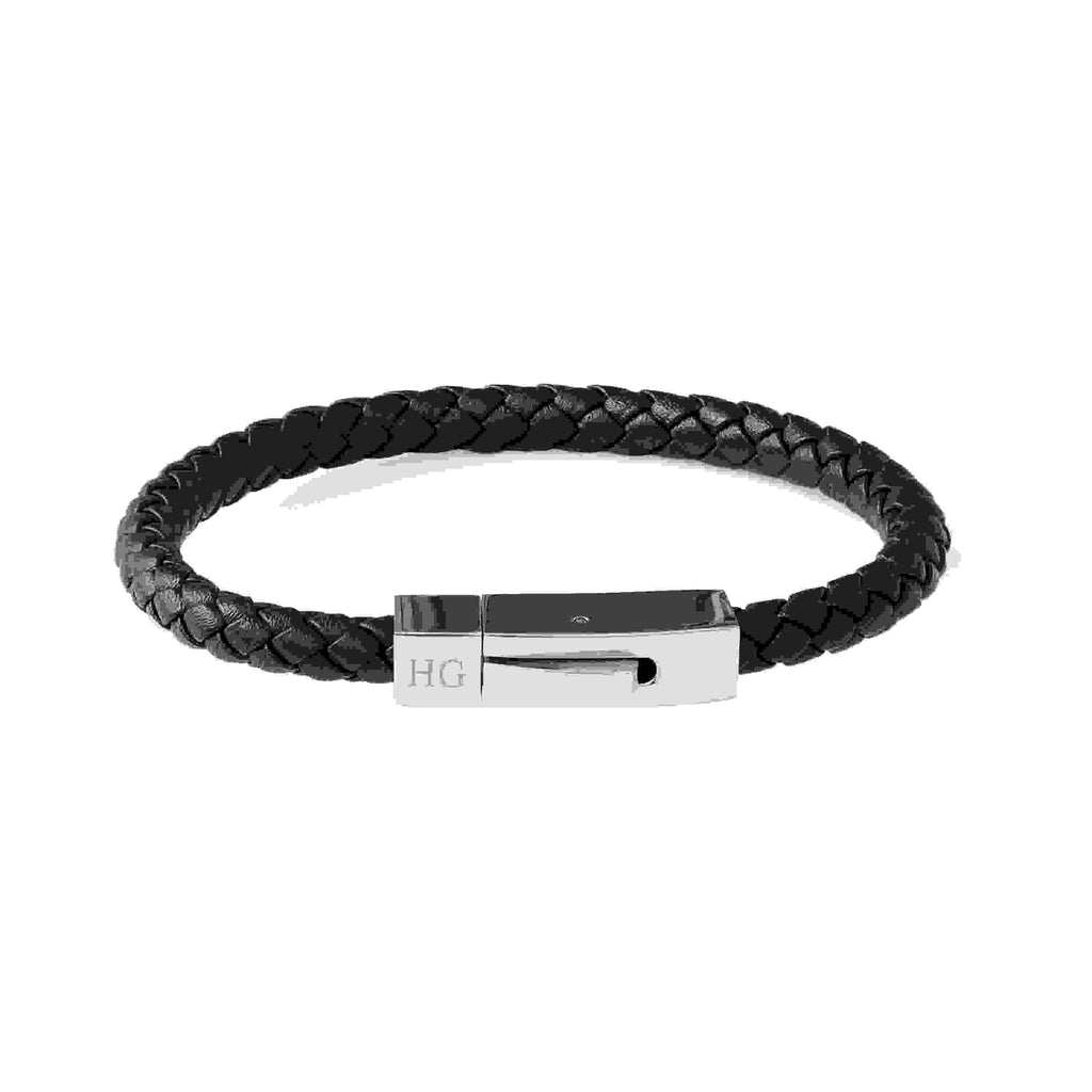 Personalised Men’s Black Leather Bracelet with Tube Clasp