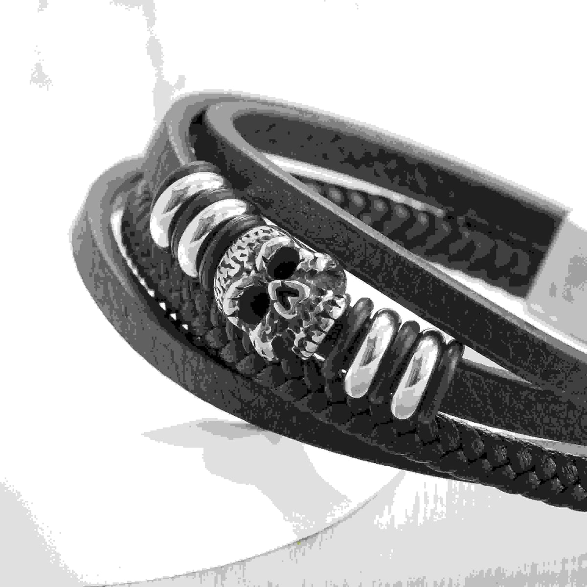 Personalised Men's Stacked Leather Skull Bracelet