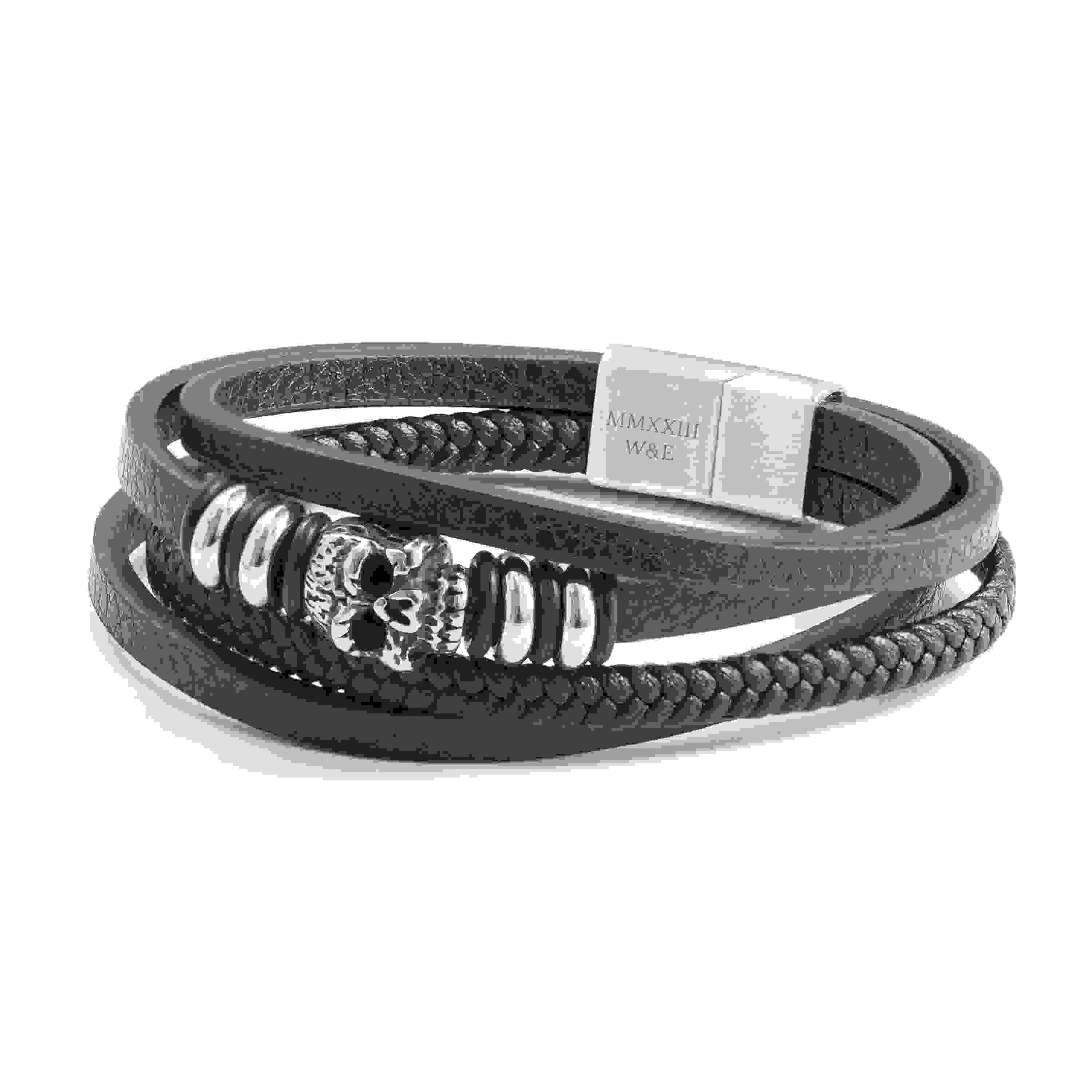 Personalised Men's Stacked Leather Skull Bracelet