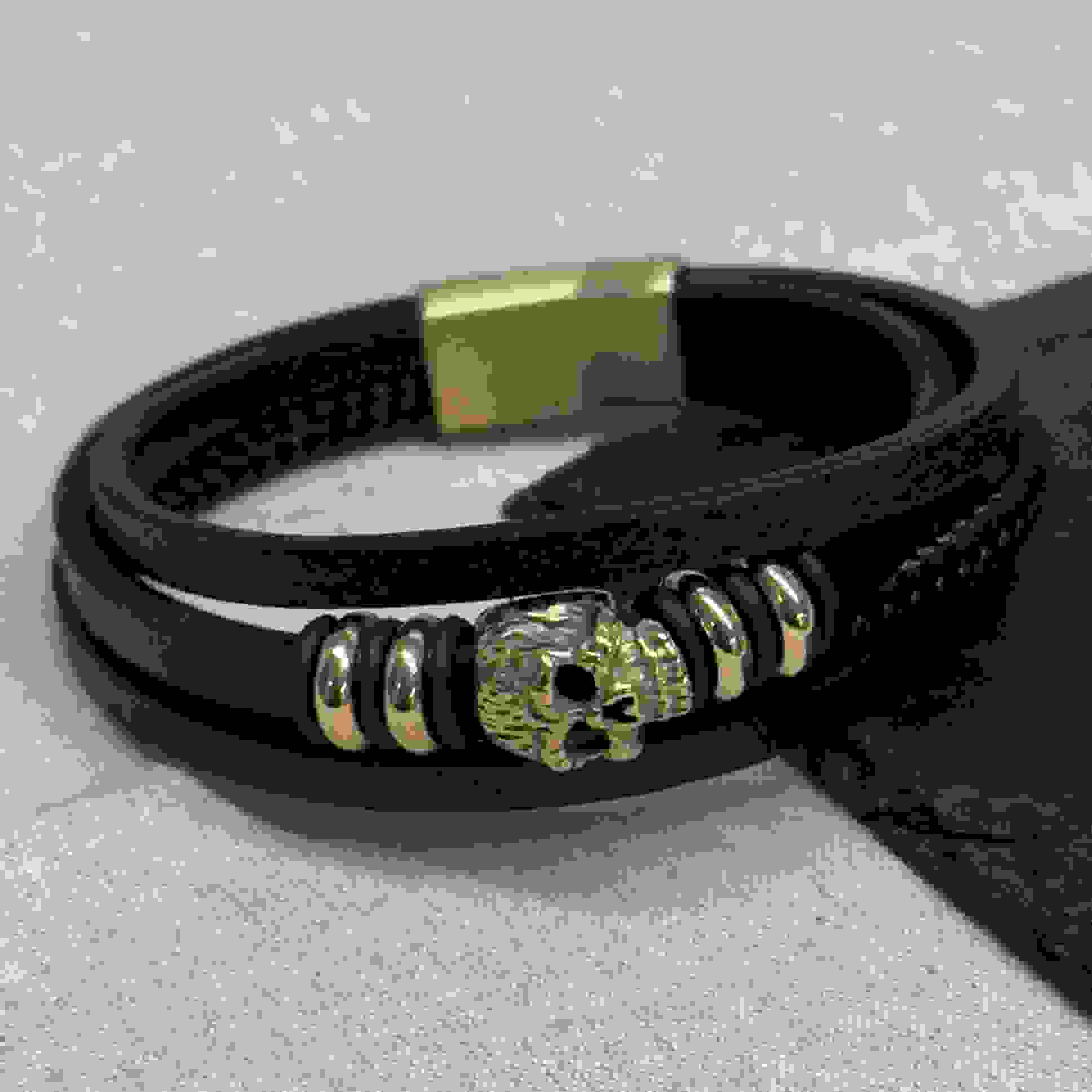 Personalised Men's Stacked Leather Skull Bracelet