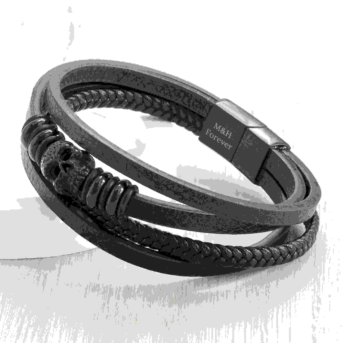 Personalised Men's Stacked Leather Skull Bracelet