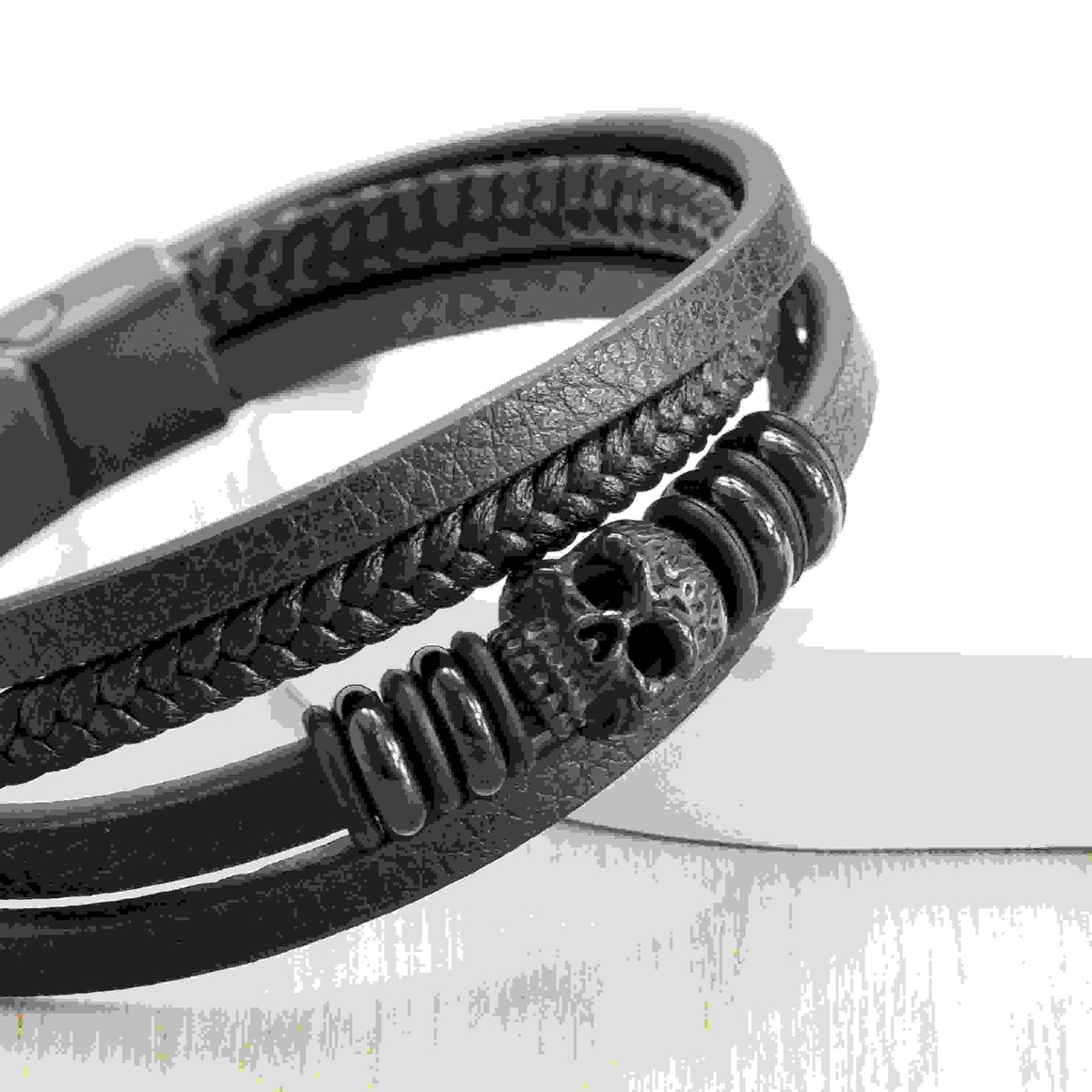 Personalised Men's Stacked Leather Skull Bracelet