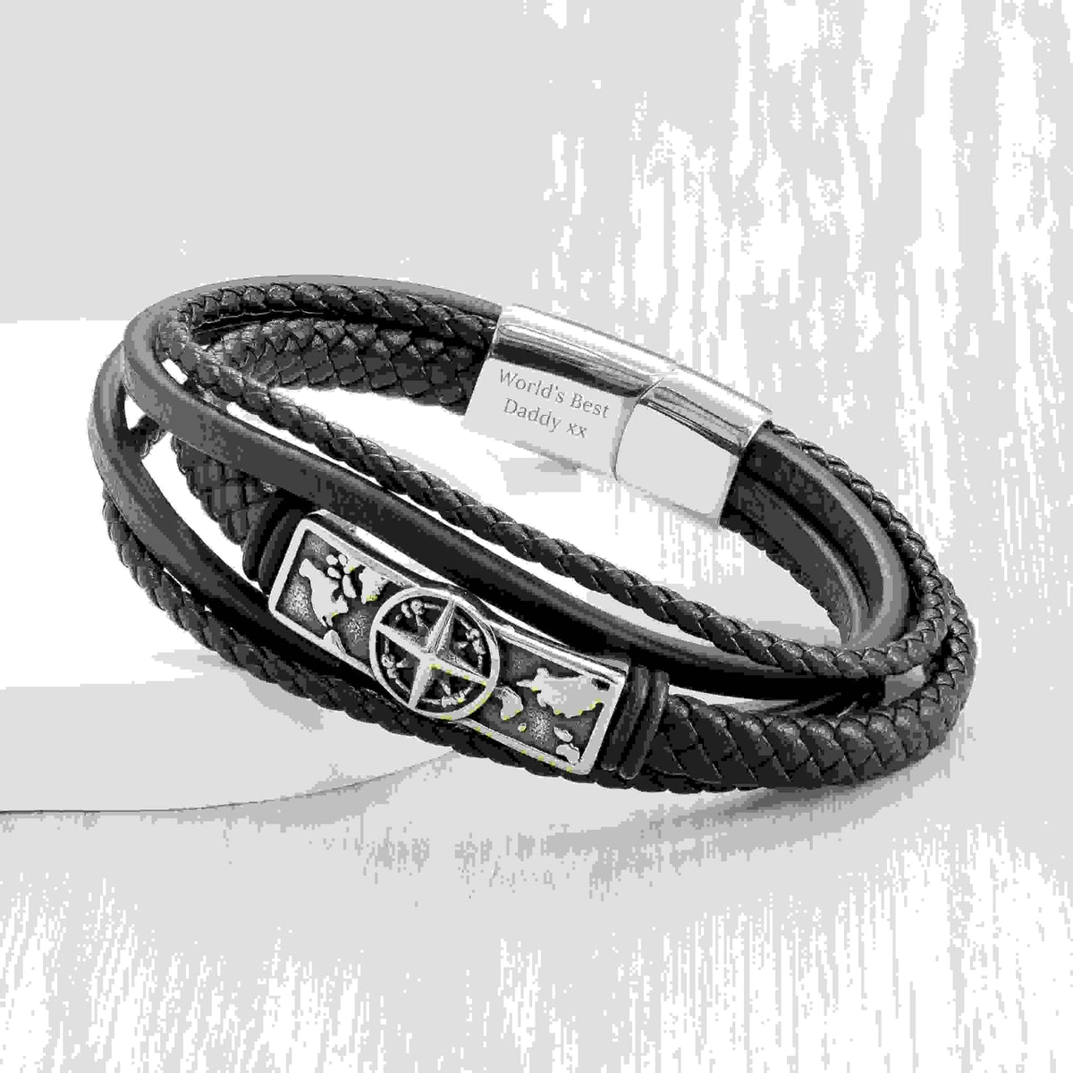 Personalised Men's Travel Compass Stacked Leather Bracelet
