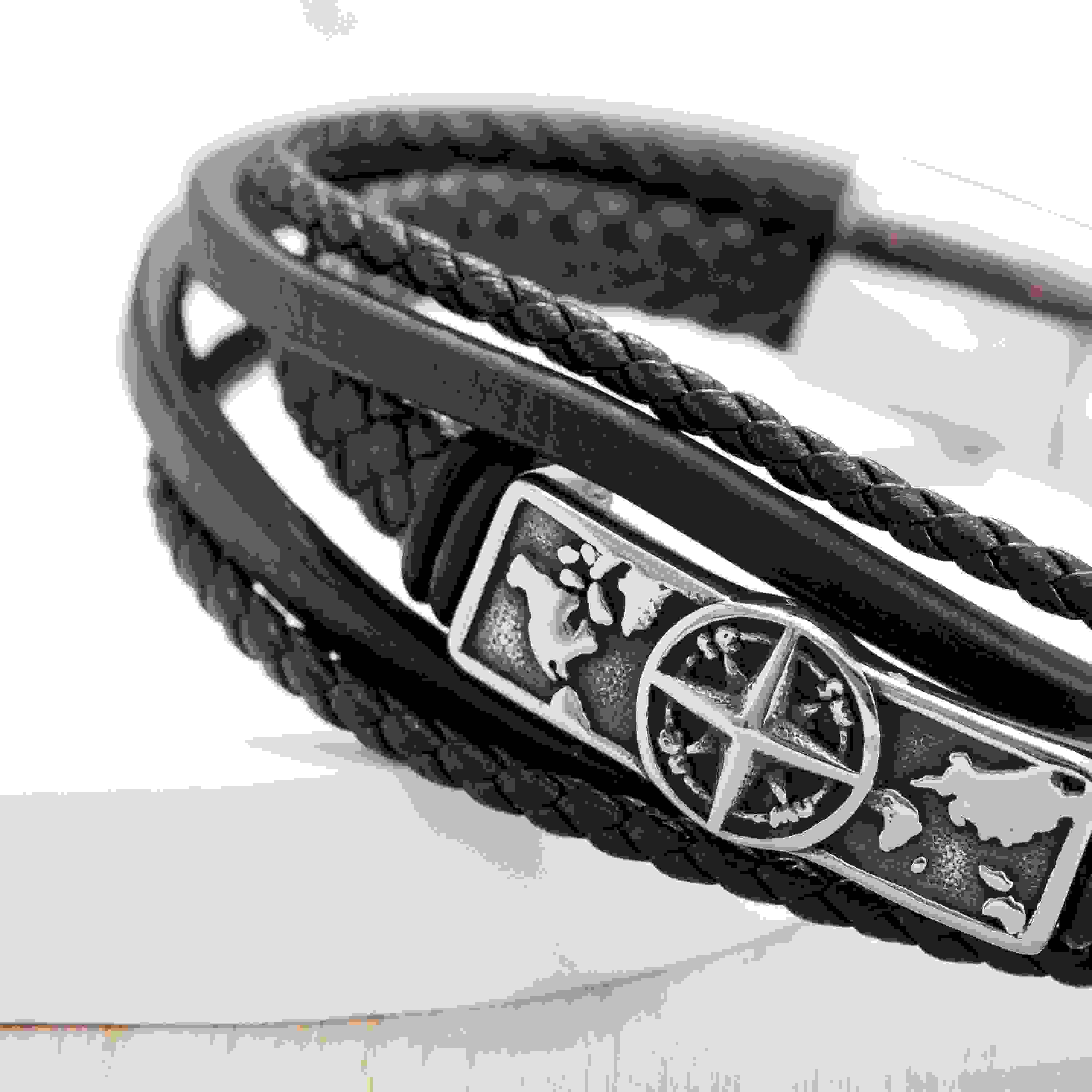 Personalised Men's Travel Compass Stacked Leather Bracelet